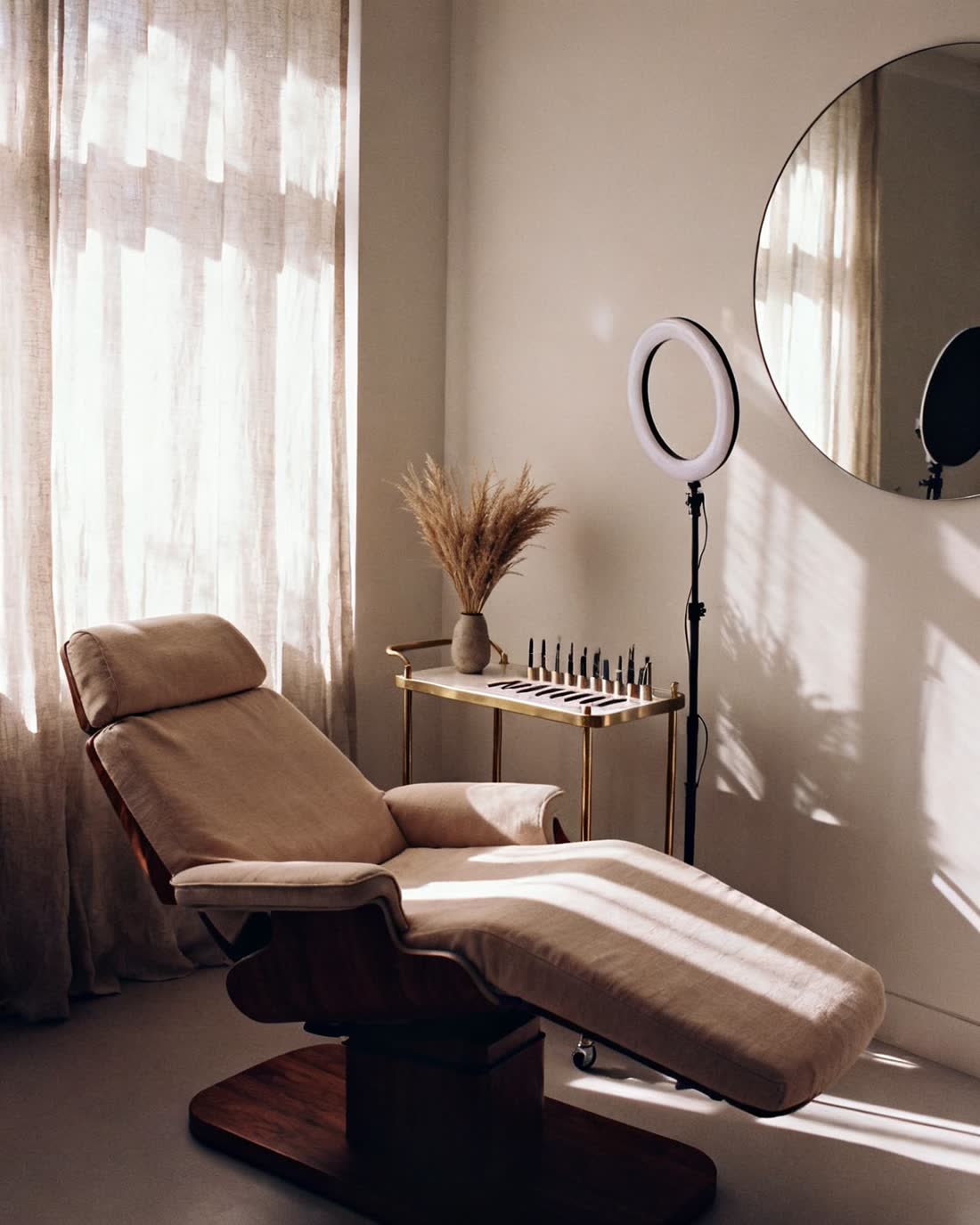 A single treatment chair and brow trolley in soft daylight